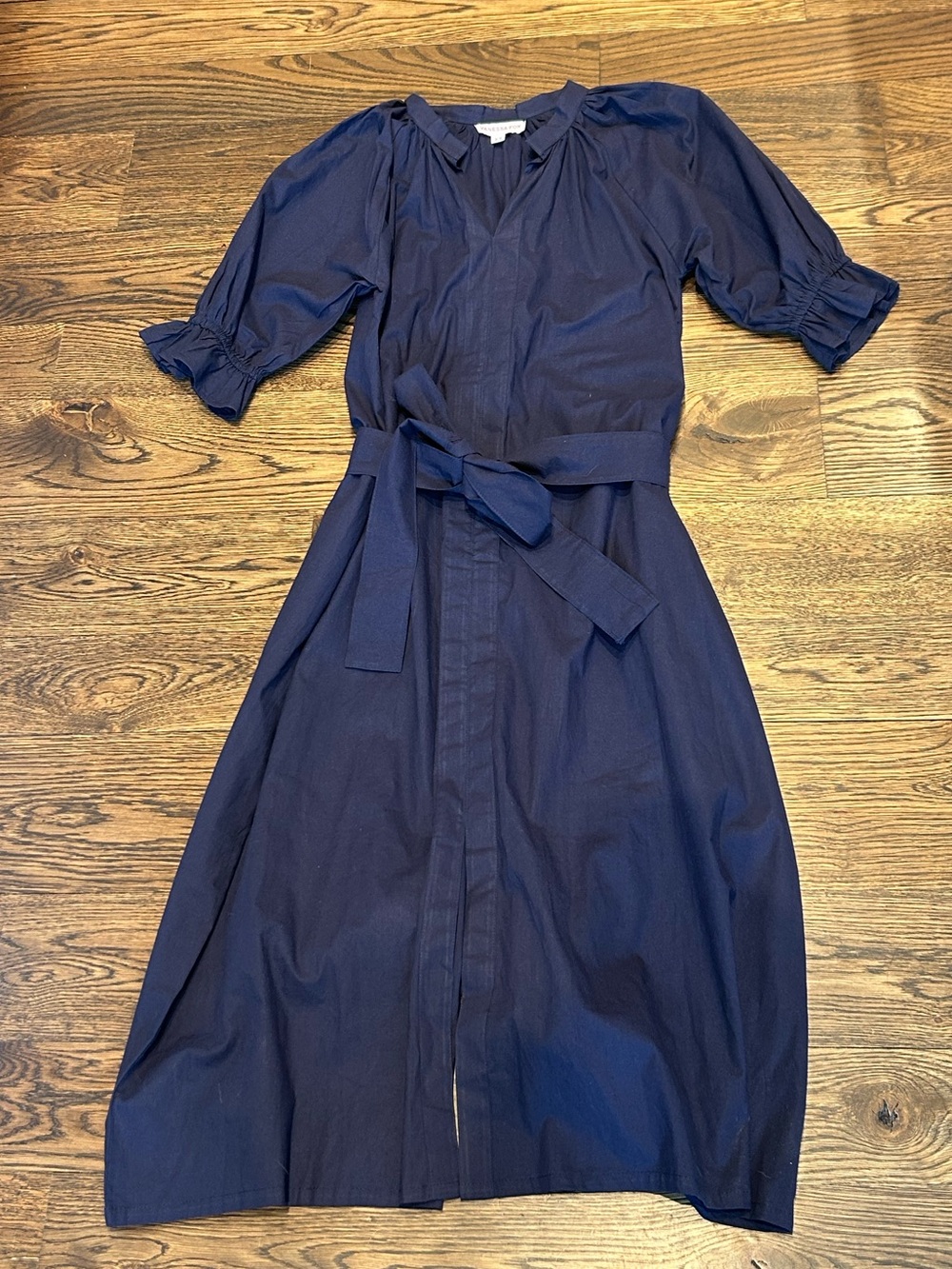 Vanessa Fox Navy Midi Dress with Tie Waist and Puff Sleeves